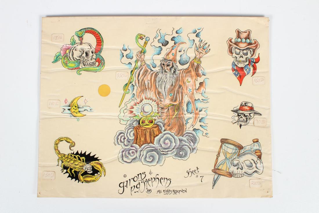 G. Irons & P.A. Stephens Skull Tattoo Flash: G. Irons & P.A. Stephens Skull Tattoo Flash. 1985. Sheet #7. 7 images. Laminated. Size: 11" H x 14" W