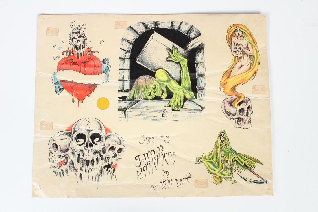 Vintage G. Irons Skull Tattoo Flash: Vintage G. Irons Skull Tattoo Flash. 1985. Sheet #3. P.A. Stephens. 5 Images. Laminated. Size: 11" H x 14" W