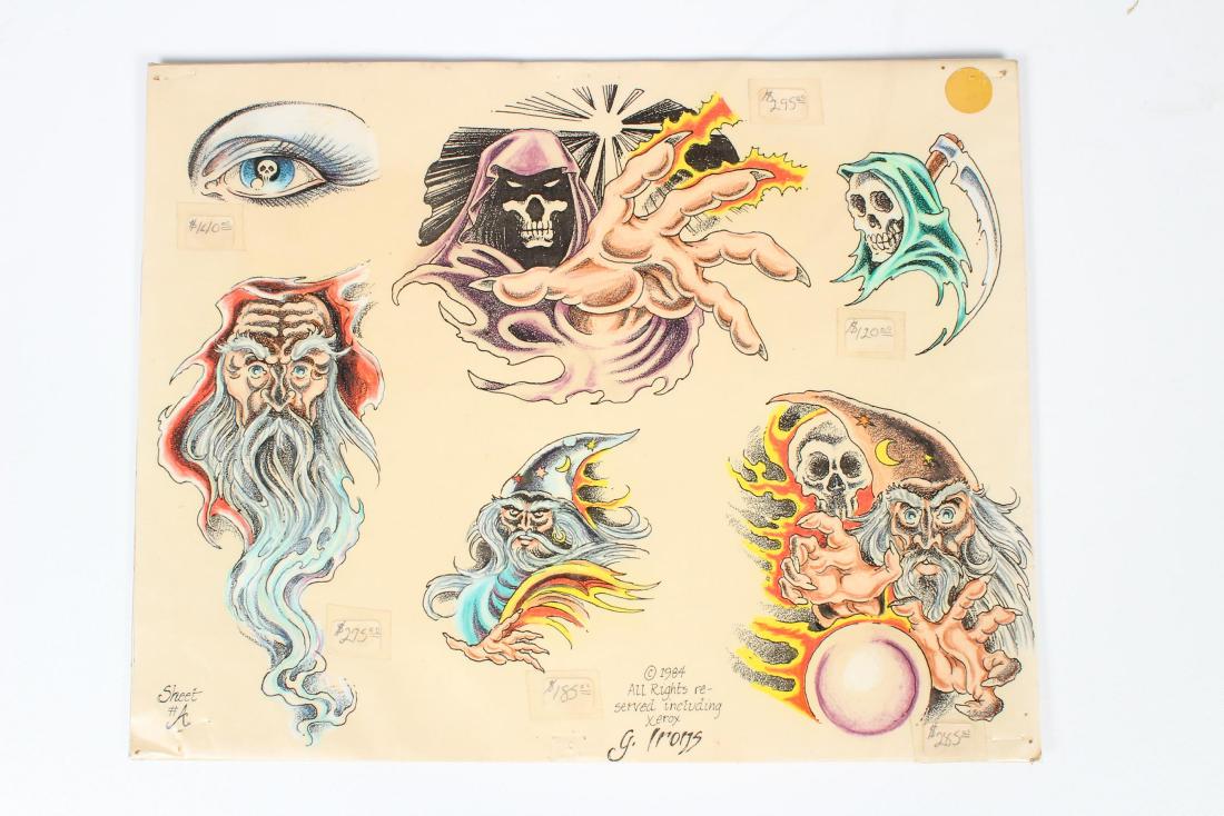 Reapers and Wizards Tattoo Flash by G. Irons: Reapers and Wizards Tattoo Flash by G. Irons. 1984. Sheet #A. 6 images. Laminated. Size: 11" H x 14" W