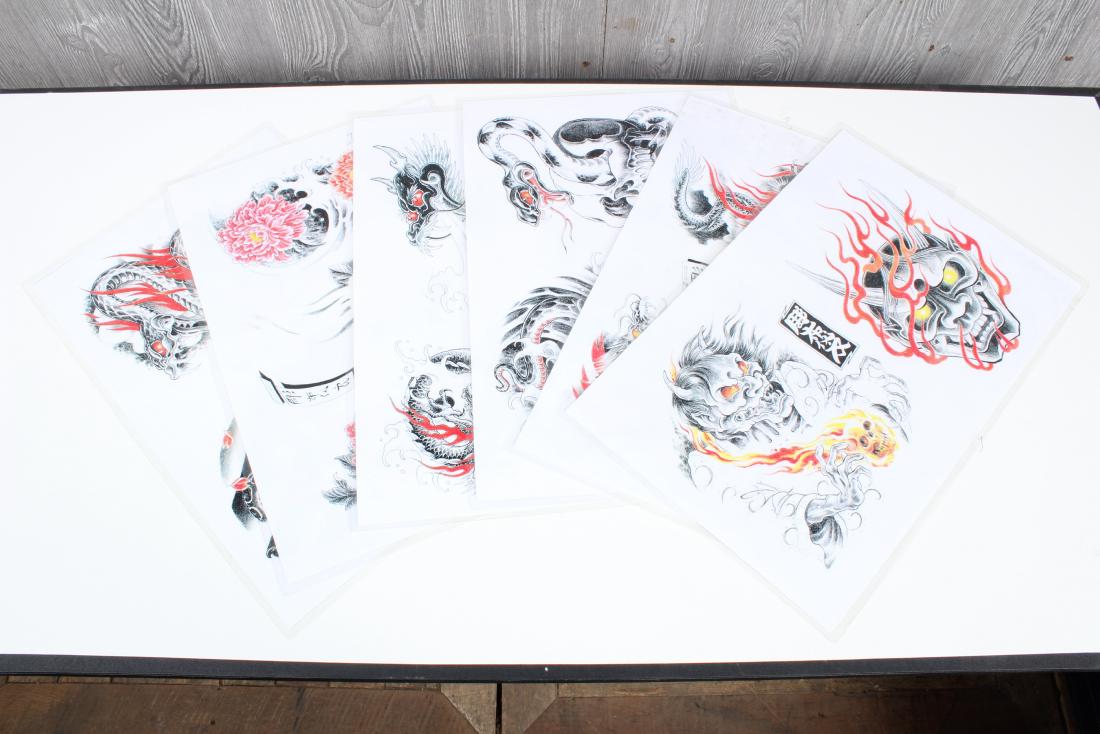 Paul Jeffries Tattoo Flash - 6 Sheets: Paul Jeffries Tattoo Flash - 6 Sheets. 2002. Snakes, dragons, devils, flowers. 14 images. Bears artist's monogram. Laminated. Size: 11.5" H x 17.5" W