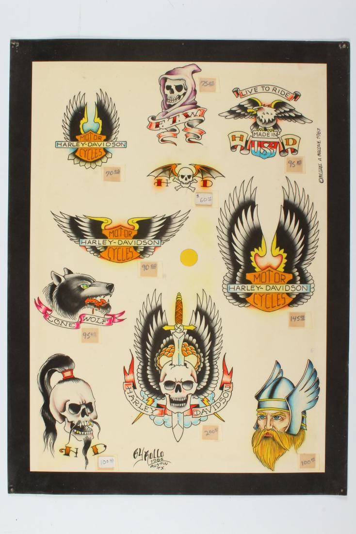 Vintage Harley Davidson Theme Tattoo Flash: Live to Ride Harley Davidson Designs. By Rollo 1986/1987. 10 images. Laminated. Size: 15" x 20"