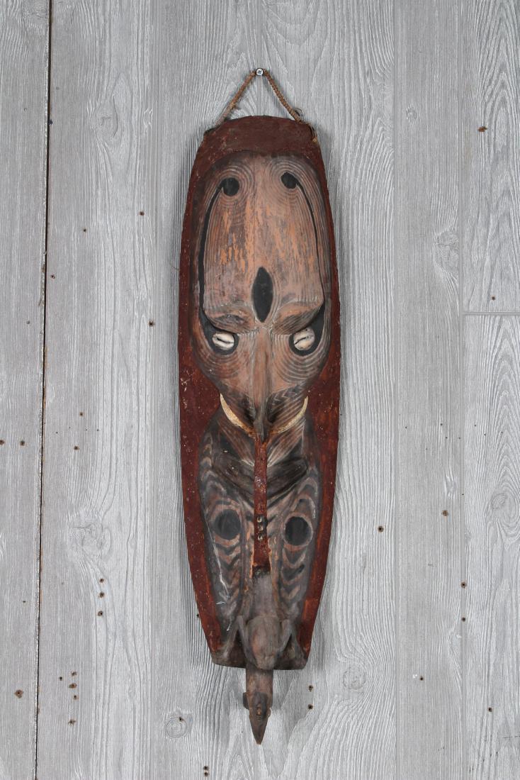 Vintage PNG Spirit Mask: Painted PNG Mask. Wood carved. Papua New Guinea, Oceanic. Size: 28" H x 8" W x 5" D