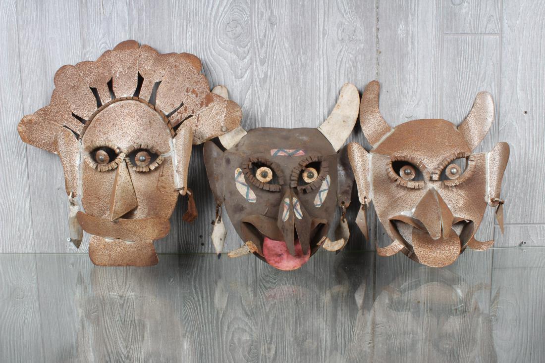 3 Vintage Bolivian Diablada Masks: 3 Vintage Bolivian Diablada Masks. Size: Largest: 17" H x 17.5" W x 3" D