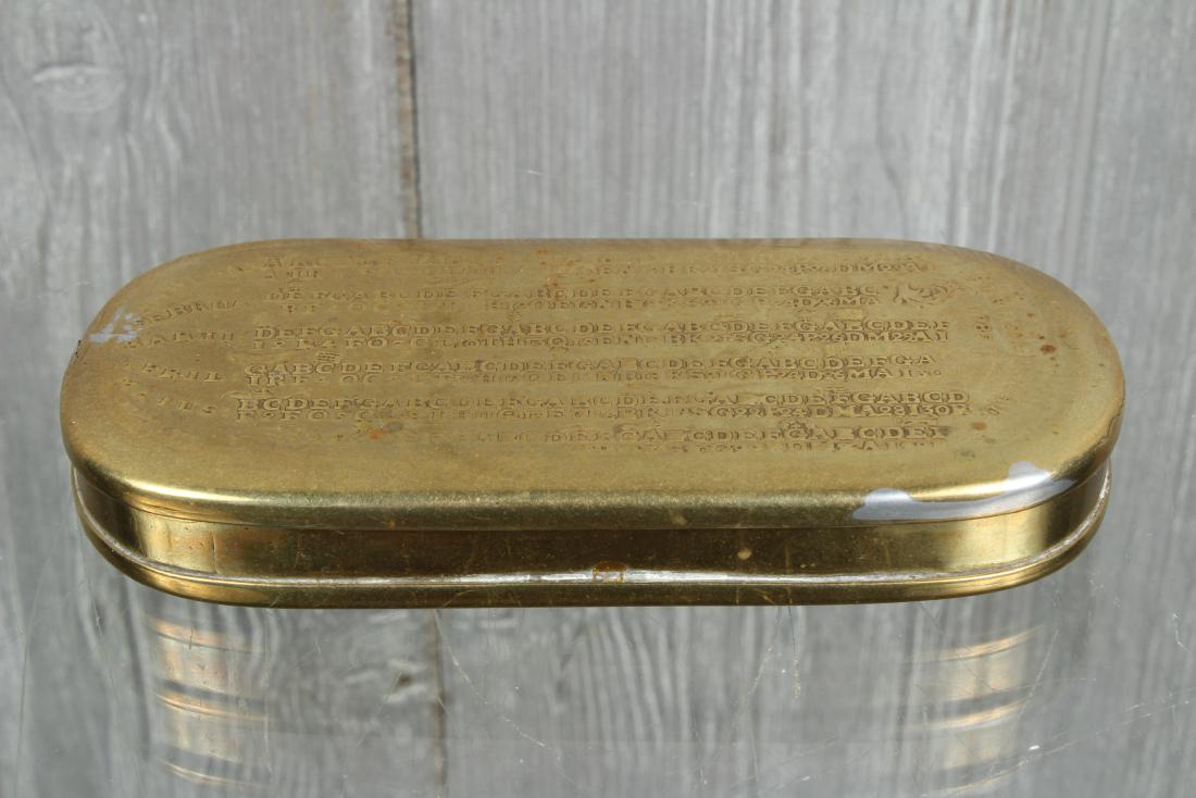 Swedish Brass Tobacco Box with Perpetual Calendar: Swedish Brass Tobacco Box with Perpetual Calendar, Forswenskad 1787, calendar year for 1787, letters A-G representing the days of the week, letters and numbers represent the dates, symbols or runes be
