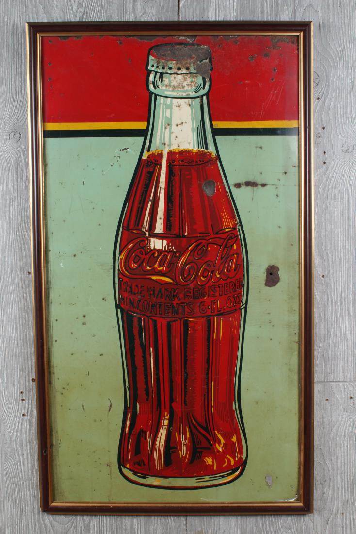 Vintage Coca Cola Enamel Over Tin Advertising Sign: Vintage Pop Art Style Coca Cola Enamel Over Tin Advertising Sign. Size: Framed: 42" H x 24" W x 1" D; Sight: 39.5" H x 21.5" W