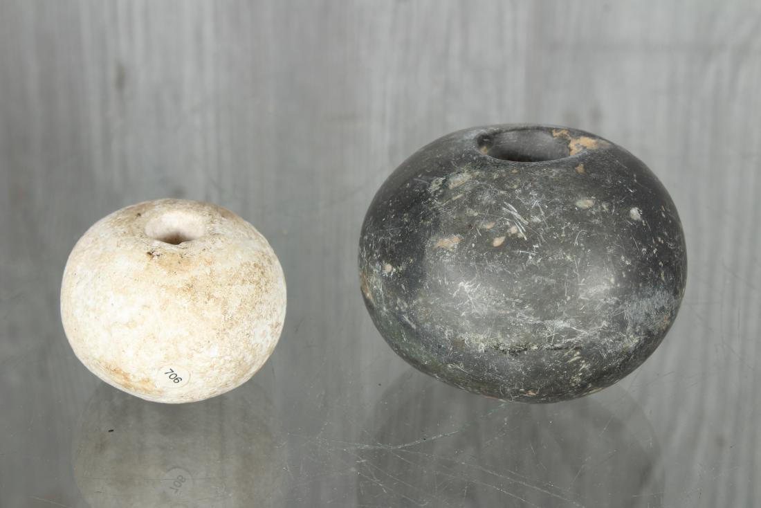2 Ancient Stone Mace heads: 2 Ancient Stone Mace heads. Size: Largest: 2.5" H x 3" W x 3" D