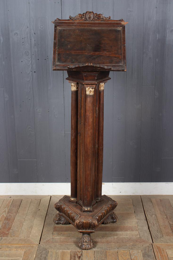 Gothic Lectern Stand: Gothic Lectern Stand. Double lectern pedestal, gilt accents on columns, triangular form, paw feet. Size: 58" H x 19.5" W x 18" D
