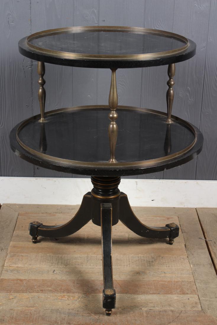 Regency Style Ebonized and Brass Trimmed 2-tiered: Regency Style Ebonized and Brass Trimmed 2-tiered Table. Size: 29.5" H x 23" W x 23" D