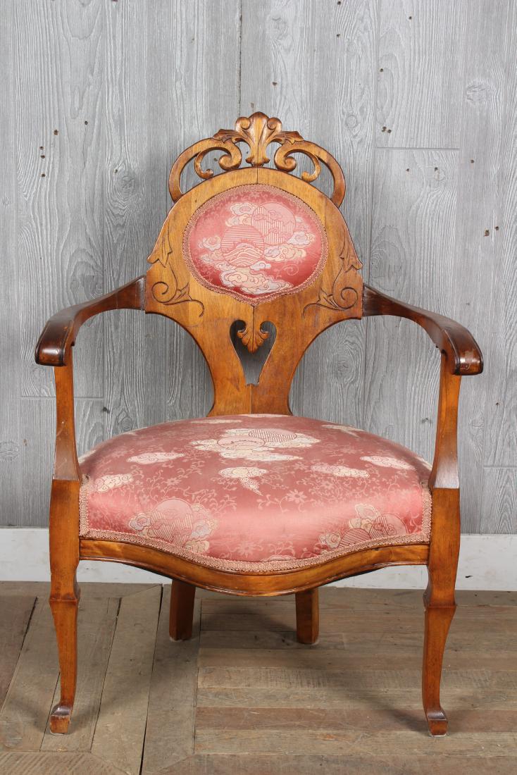 Edwardian Open Armchair: Edwardian Open Armchair with upholstered back and seat. Size: 36.5" H x 25" W x 22" D