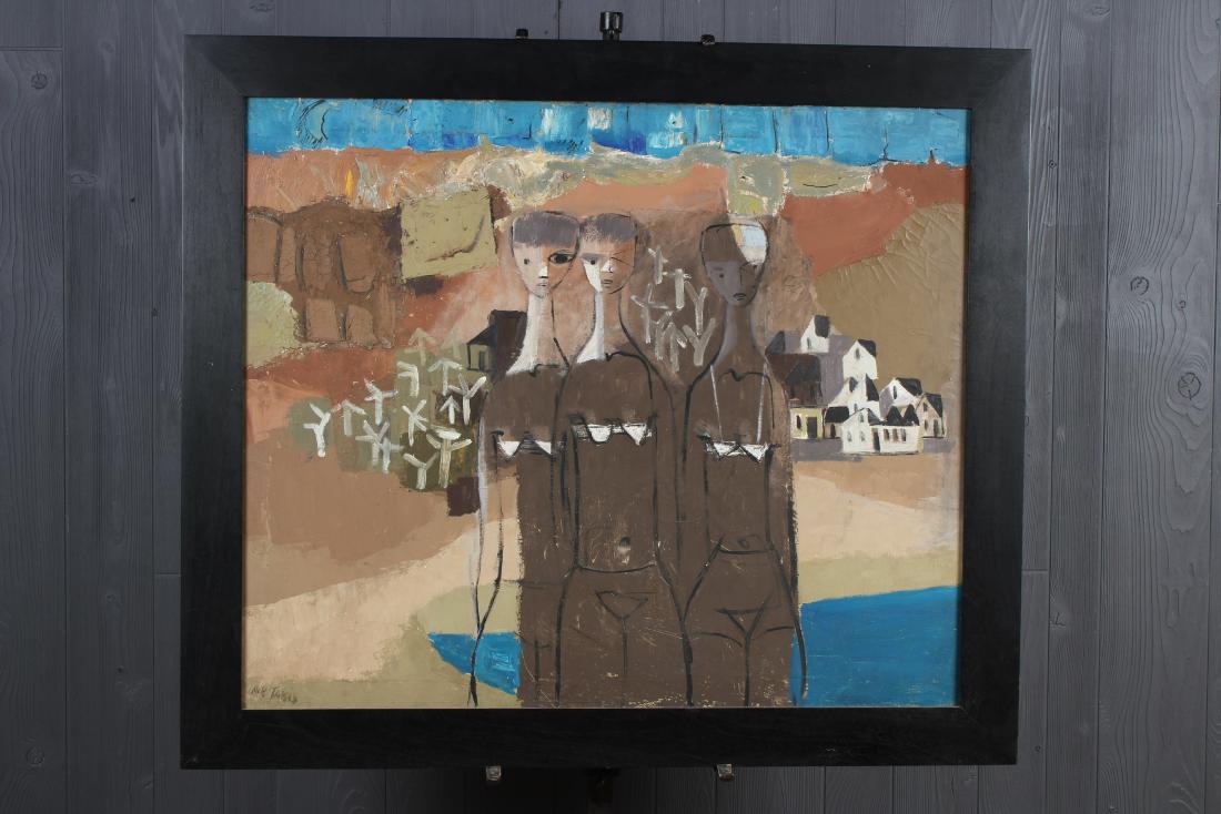 Nicholas Takis Figural Painting: Nicholas Takis Figural Painting (American, 1903-1965). Signed lower left Nik Takis. Size: Framed: 36" H x 41" W x 1" D; Sight: 30" H x 35" W