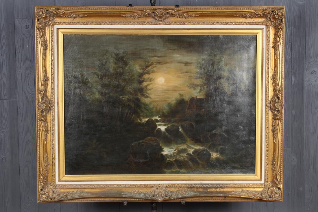 Nocturne Landscape: Rathbone Moonlit Landscape. OOC. Stream with house and trees. Unsigned. Label on back Rathbone 10, 1922. Size: Framed: 38.5" H x 48.5" W x 3.5" D; Sight: 27.5" H x 37.5" W