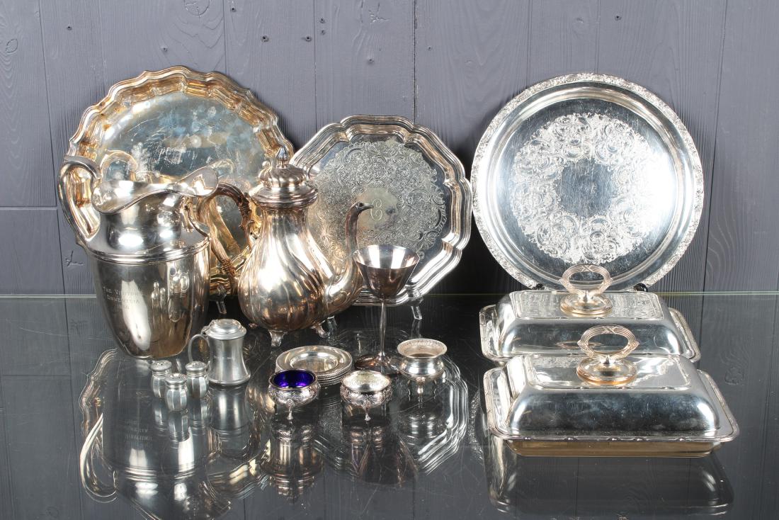 Grouping of Silver Plate Trays & Accessories: Grouping of Silver Plate Trays & Accessories, includes three serving trays, two with engraved decoration, one monogrammed C, pair of George Wish silver plate covered serving dishes, hallmarked on bott