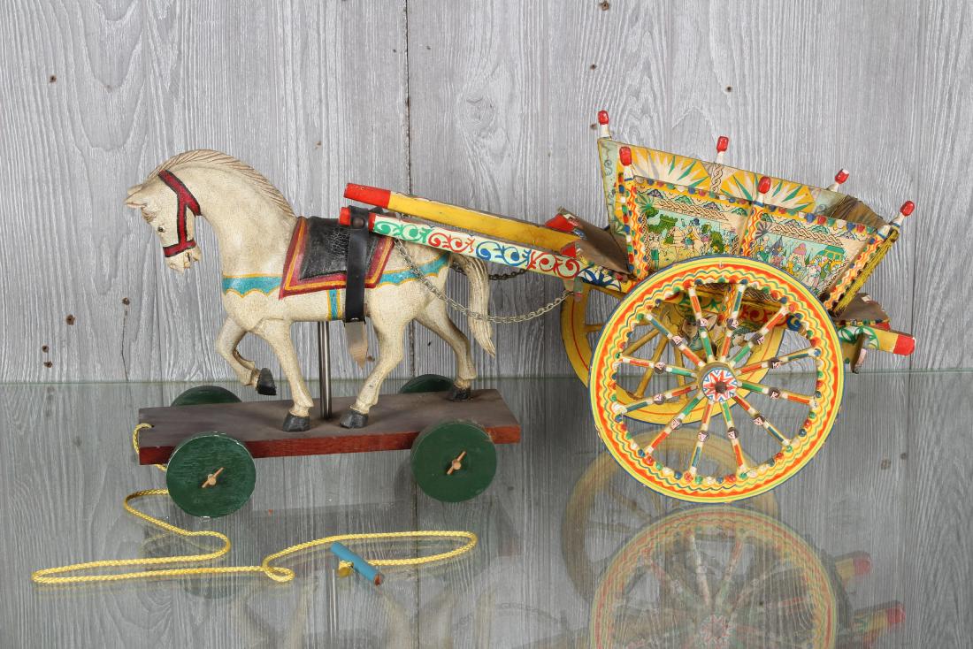 Sicilian Miniature Carved and Painted Horse & Cart (1 of 5)