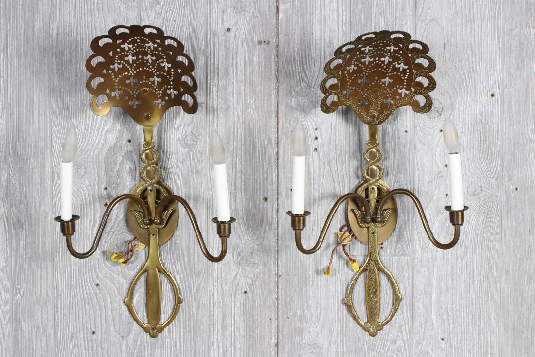 Peacock Sconces: Peacock Sconces, one with engraved design. Size: 23" H x 12" W x 5.5" D