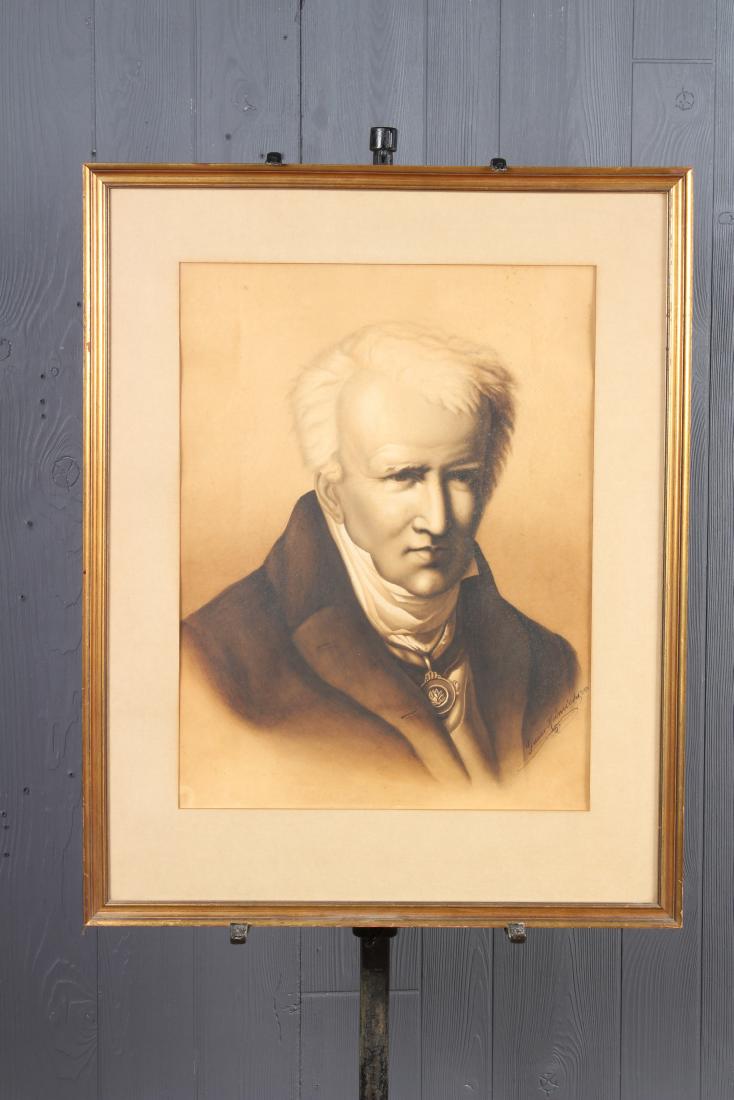 Portrait of von Humboldt by Gustav Heinrichs: Portrait of von Humboldt by Gustav Heinrichs. Signed and dated lower right Gustav Heinrichs 10/7.1870. Newspaper clipping on verso about Alexander von Humboldt. Size: Framed: 31" H x 24.5" W x 1" D; S