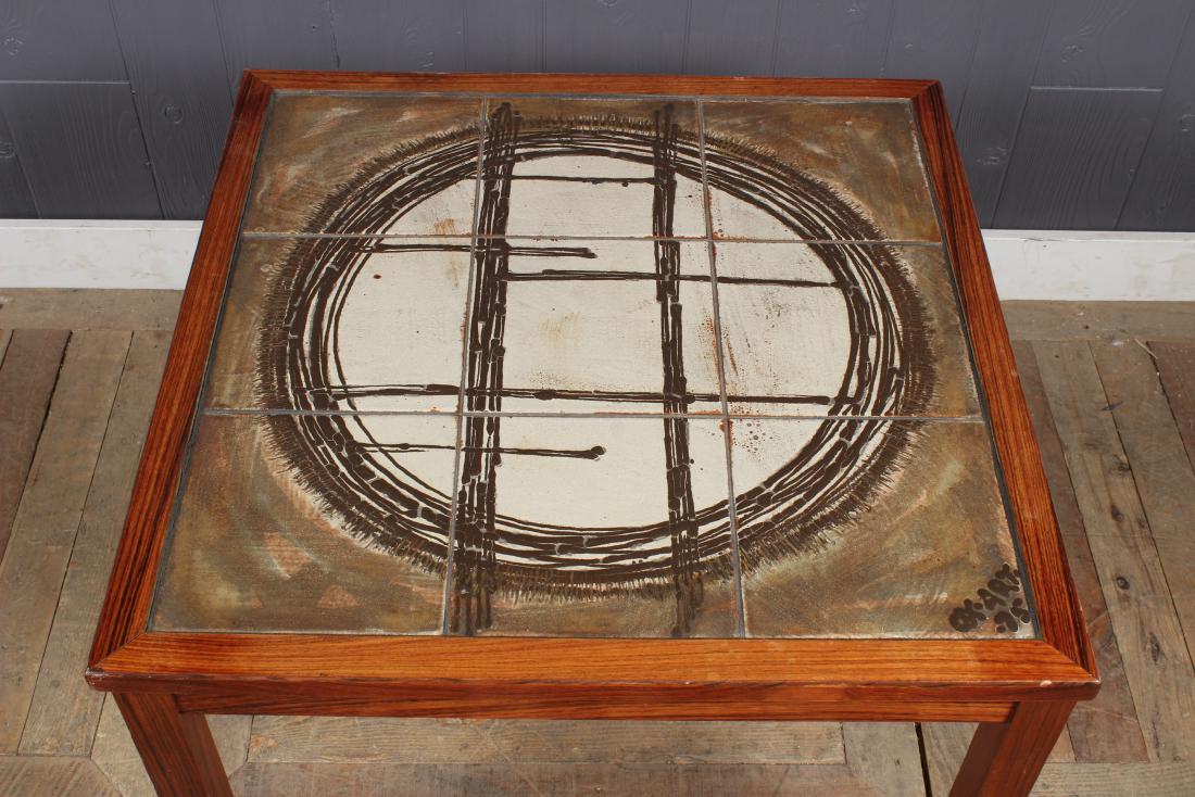 Roger Capron Style Tile Top Side or Coffee Table: Roger Capron Style Tile Top Side or Coffee Table. Signed Ox Art 75. Size: 20.5" H x 26.5" W x 26.5" D