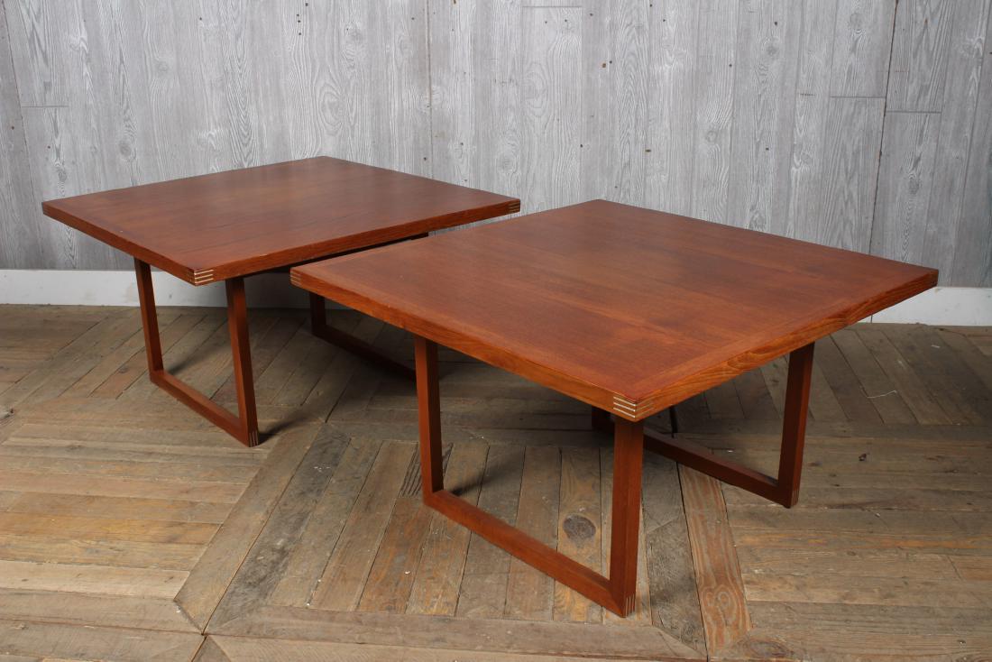 Pair Heltborg Mobler Danish Side Tables: Pair Heltborg Mobler Danish Side Tables with Chrome Tenons, designed by Rud Thygeseb. Domus Danica. Labels on bottom. Size: 18" H x 31" W x 31" D