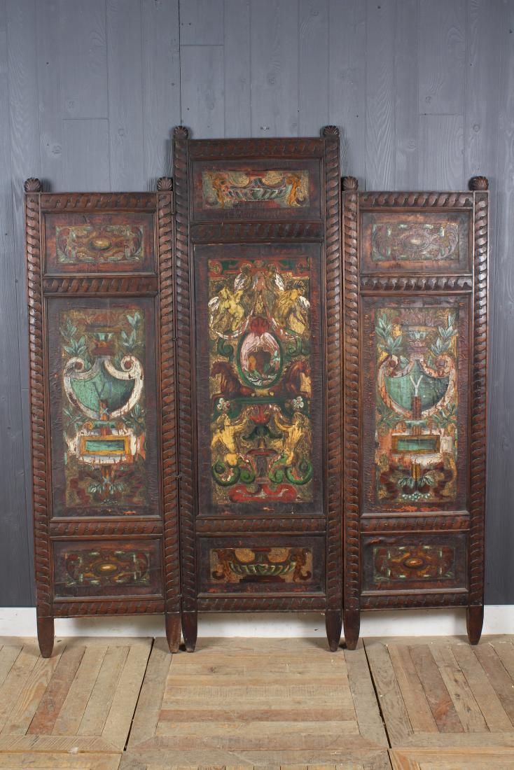 Antique Carved Wood and Leather 3 Panel Screen (1 of 8)