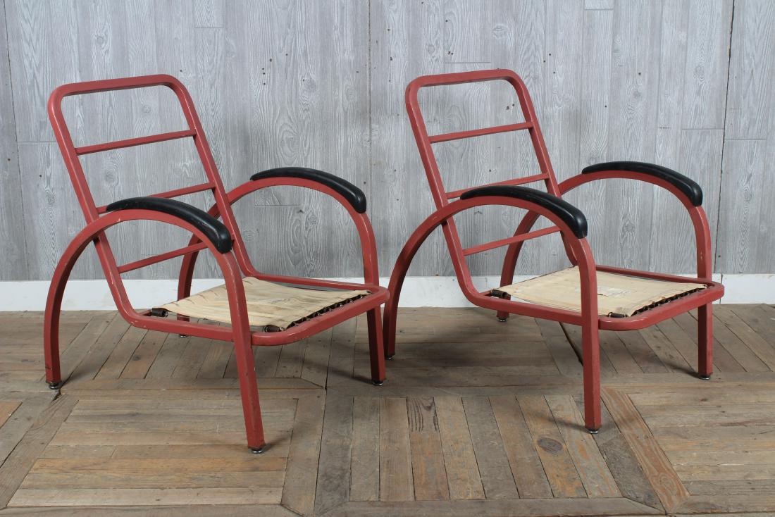Pair Norman Bel Geddes for Simmons Company: Pair Norman Bel Geddes for Simmons Company Steel Tubular Chairs. Mid Century Modern, steel frame, with label, ca. 1940's. Size: 34" H x 23.5" W x 34" D