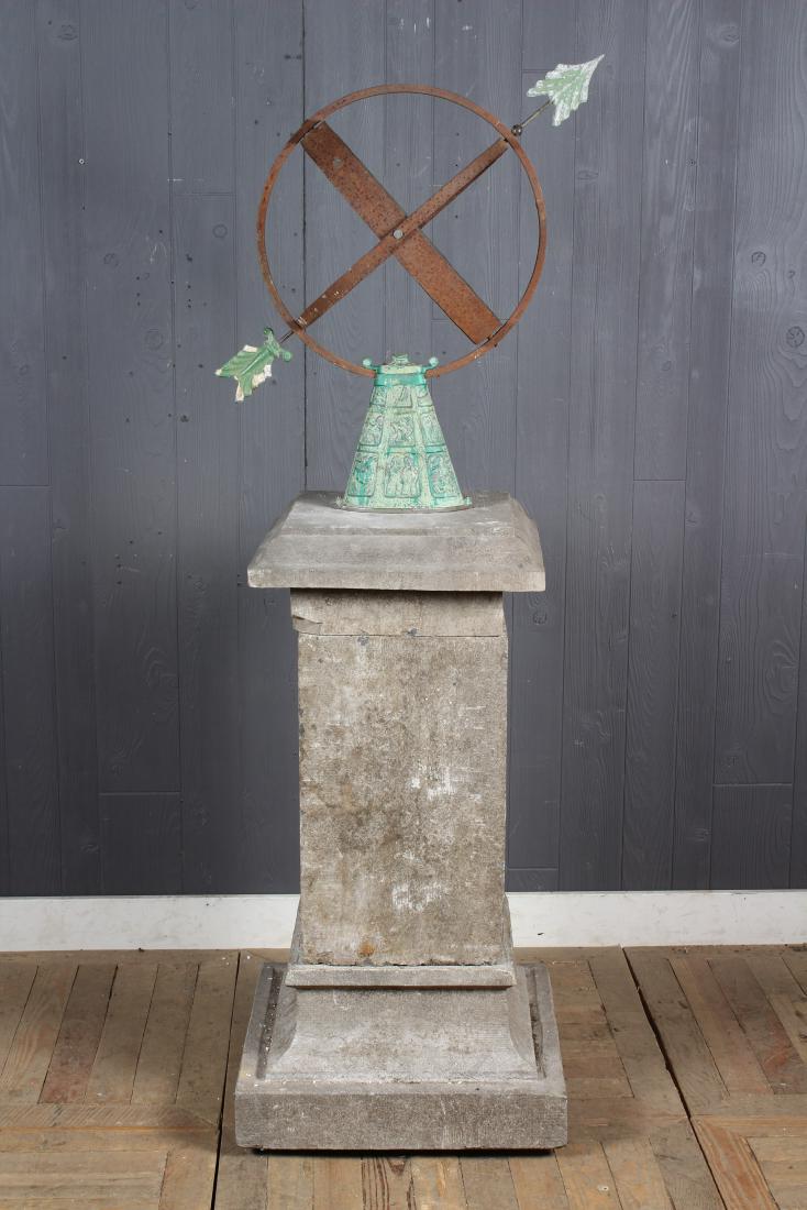 Limestone Column and Armillary: Limestone Column with Armillary. Size: 66.5" H x 20" W x 20" D