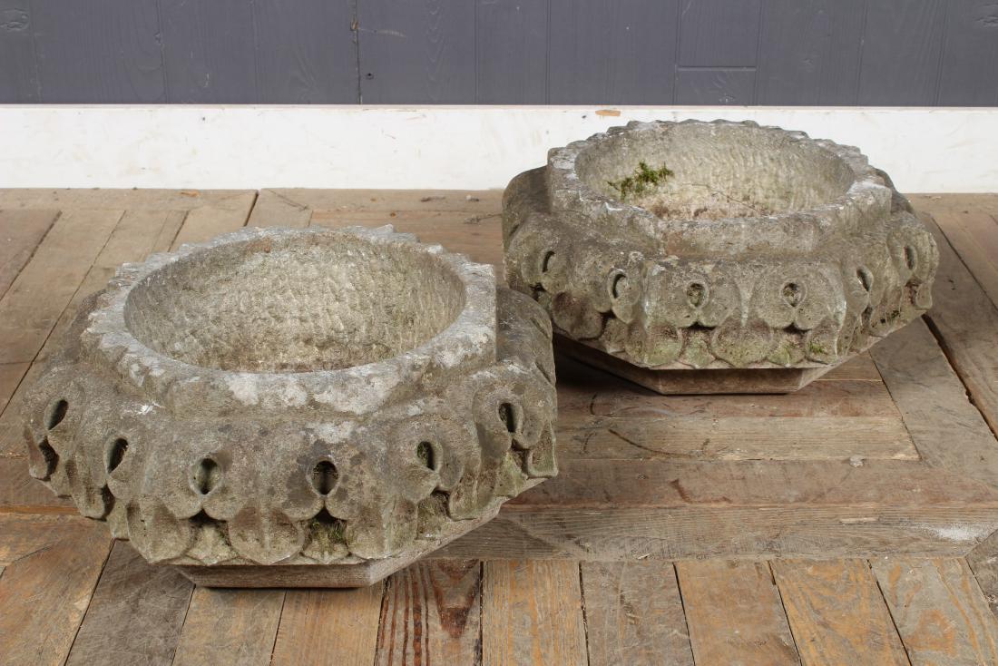Pair 19th C. Carved Stone Garden Planters (1 of 3)