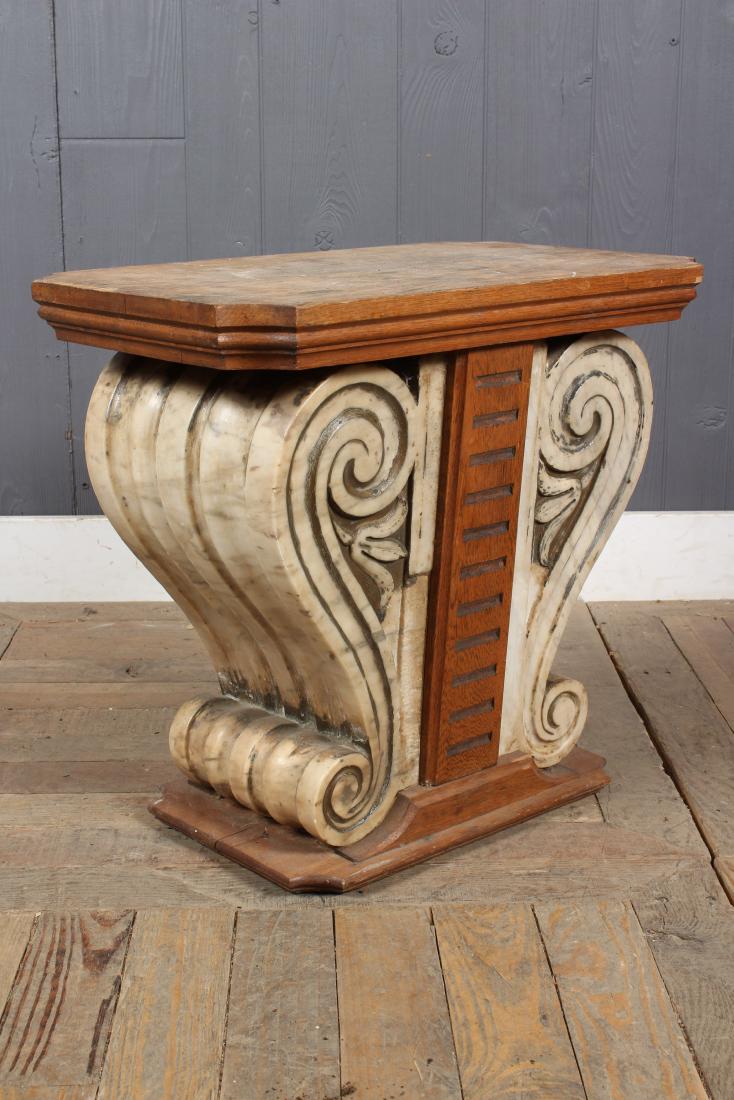Wood and Marble Capital Side Table: Wood and Marble Capital Side Table. Size: 18.5" H x 20.5" W x 12.5" D