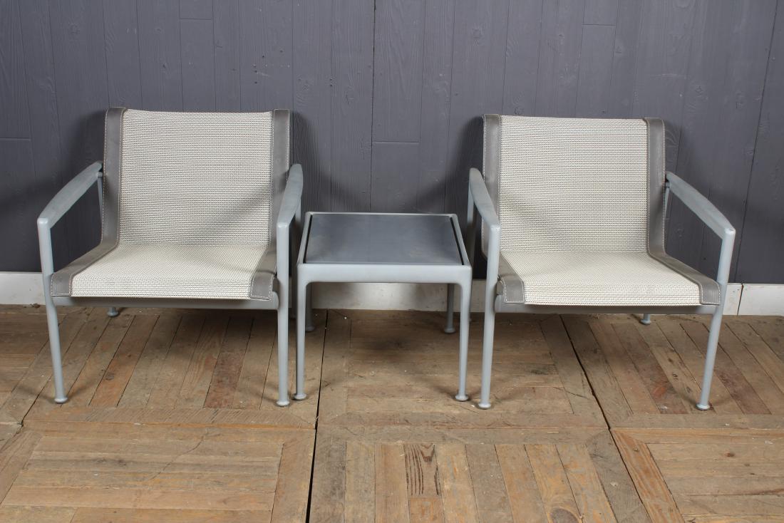 Richard Schultz Patio Chairs and Table: Richard Schultz Patio Chairs and Table, with label. Size: Largest: 26.5" H x 26" W x 27" D