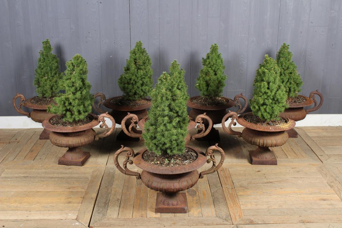 8 Cast Iron Urns: 8 Cast Iron Urns. Size: 15" H x 25" W x 16.5" D