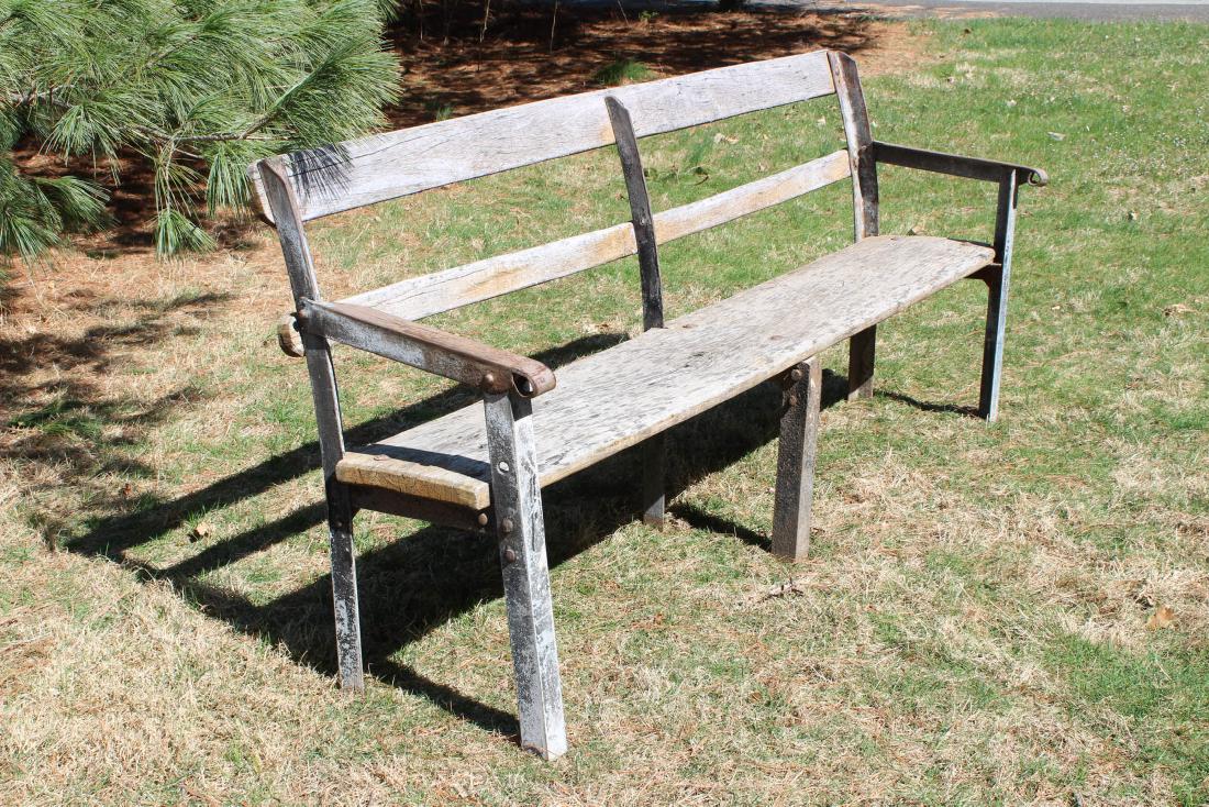 Industrial Wood Slat Garden Bench: Industrial Wood Slat Garden Bench. Size: 31.5" H x 68.5" W x 21.5" D