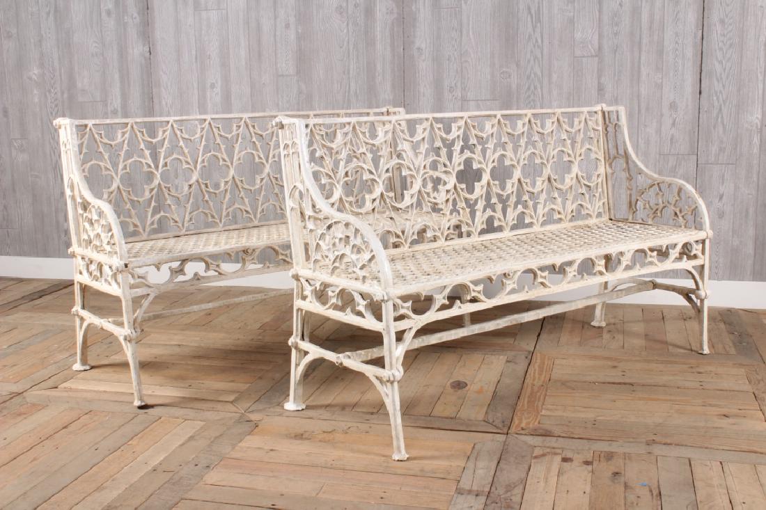 Pair Cast Iron Gothic Style Garden Benches: Pair Cast Iron Gothic Style Garden Benches with quatrefoil designed back and honey comb seats. Size: