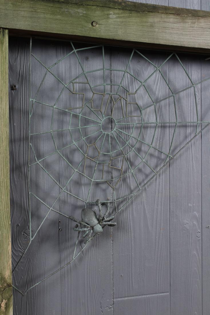 Whimsical Bronze and Wood Sculpture of Charlotte: Whimsical Bronze and Wood Sculpture of Charlotte the Spider and her Web. Some Pig. Useful as a mailbox post. Size: 52" H x 33" W x 3.5" D