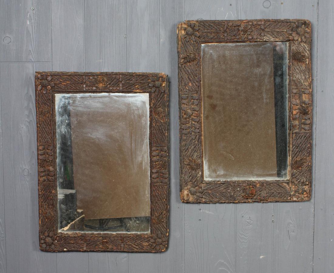 Pair French Rustic Pine Cone and Twig Frames: A pair of French rustic Adirondack mosaic pine cone and twig decorated frames with mirrors. 20th C. Size: 22.5" x 16"