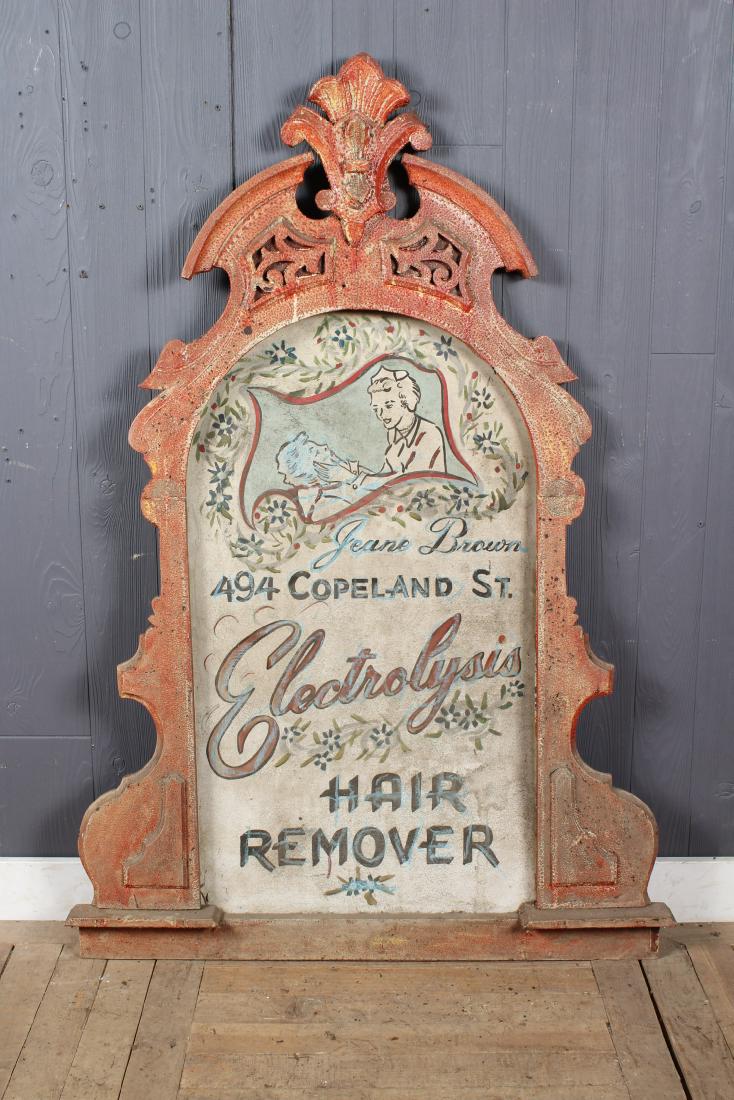 Vintage Advertising Sign: Niche Frame with Electrolysis Sign, Jeane Brown Electrolysis Hair Remover, 494 Copeland St. Size: 54.5" H x 37.5" W x 2.5" D