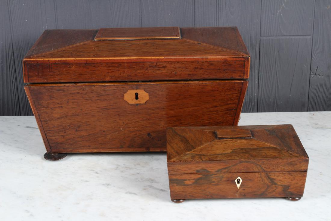 2 Antique Wooden Caskets, Tea Caddy: 2 Antique Wooden Caskets, larger casket is a tea caddy with 2 hinged lids and center compartment, mask handles, and bun feet, smaller jewelry casket with removable divided tray insert, bun feet. Size: