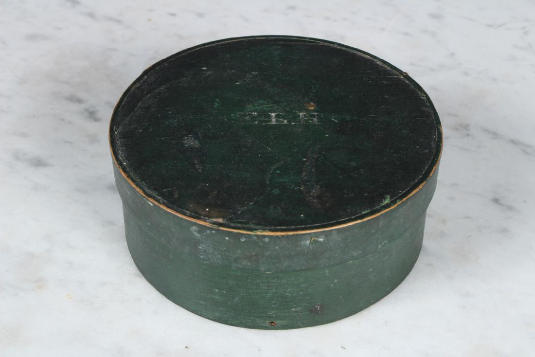 19th C Hingham, MA Finger Lap Pantry Box: 19th C Hingham, MA Finger Lap Pantry Box. Painted green. Monogrammed on lid E.L.H. Size: 2" H x 4" W x 4" D