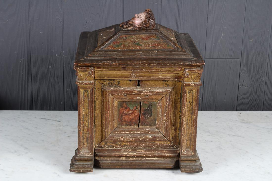 Antique Continental Reliquary Box: Antique Continental Reliquary Box. Painted with figural scene reserves, hinged lid, raised bust finial. Size: 14" H x 11" W x 11" D