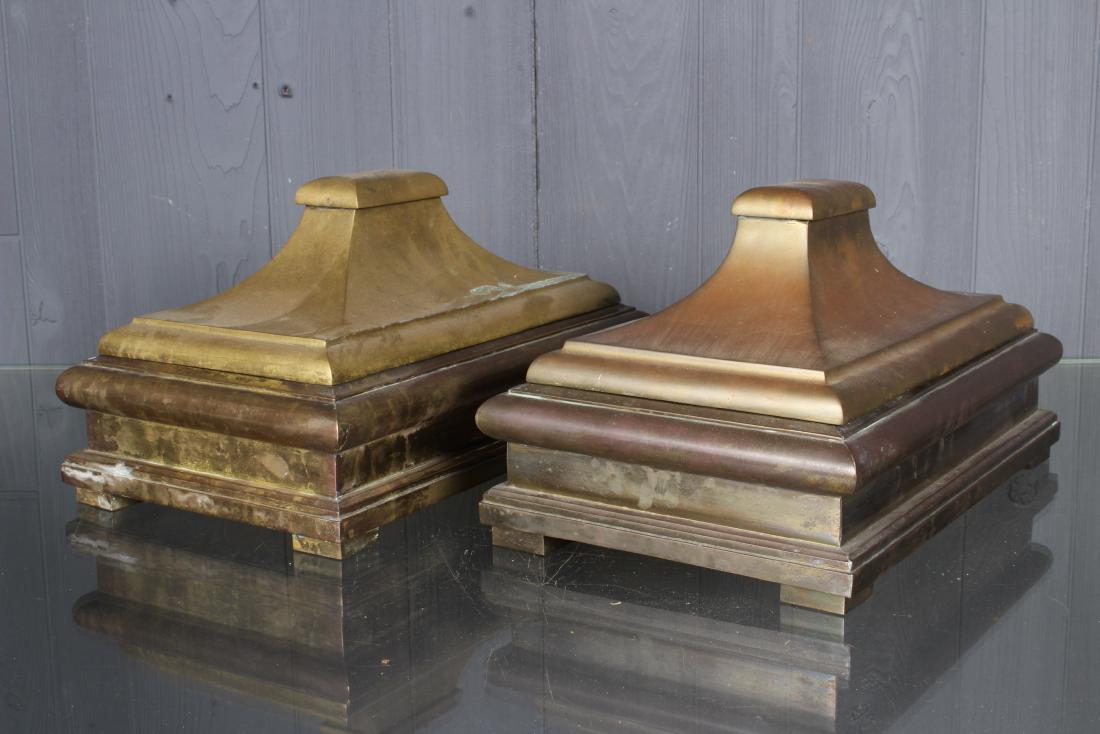 Pair Bronze Lidded Trinket Boxes: Pair Bronze Lidded Boxes. Size: 9" H x 16" W x 10" D