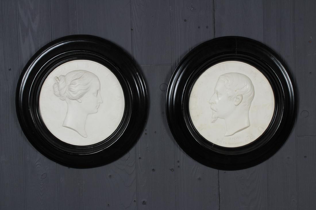 2 Napoleonic Style Figural Composite Plaques: A lot of 2 Napoleonic style figural composite framed plaques. One marked Napoleon III Empereur, J Peyre Ed. Nieuwerkerke Dik. Size: Framed: 15.5" H x 15.5" W x 2" D; Sight: 10" H x 10" W