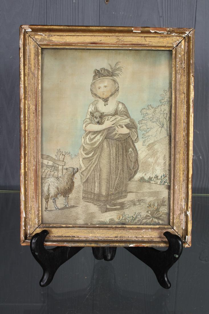 Antique Continental Silk Embroidery: Antique Continental Silk Embroidery with painted face, of a woman holding lamb in apron, signed on back A. Beuzeville (?). Size: Frame" 10" H x 8" W x 1" D; Sight: 8" H x 6" W