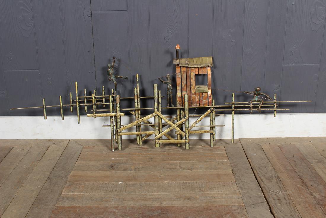 Curtis Jere Fishing Pier Signed Wall Sculpture: Curtis Jere Fishing Pier Signed Wall Sculpture. Figures fishing off pier, mixed metals. Signed C. Jere. Size: 17.5" H x 50.5" W x 6" D