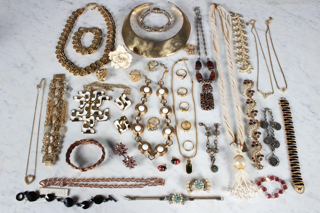 Collection of Costume Jewelry - Some Signed: Collection of Costume Jewelry - Some Signed, 37 pieces, includes Grosse Germany 1971 necklace and clip on earrings set, 3 Christian Dior necklaces, Swarovski necklace and bracelet, Viro bracelet, MFA