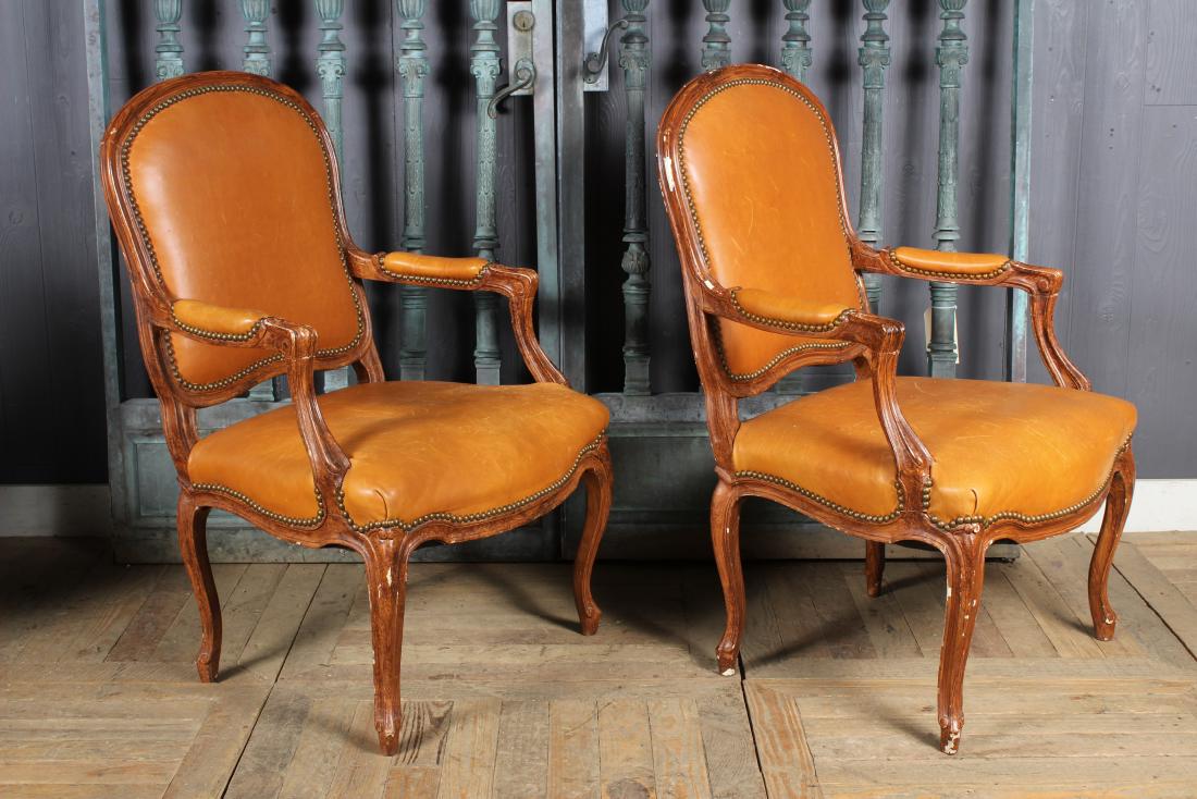 Pair of Louis XV Style Leather Bergeres: Pair of Louis XV Style Leather Bergeres. Size: 38" H x 25" W x 25" D