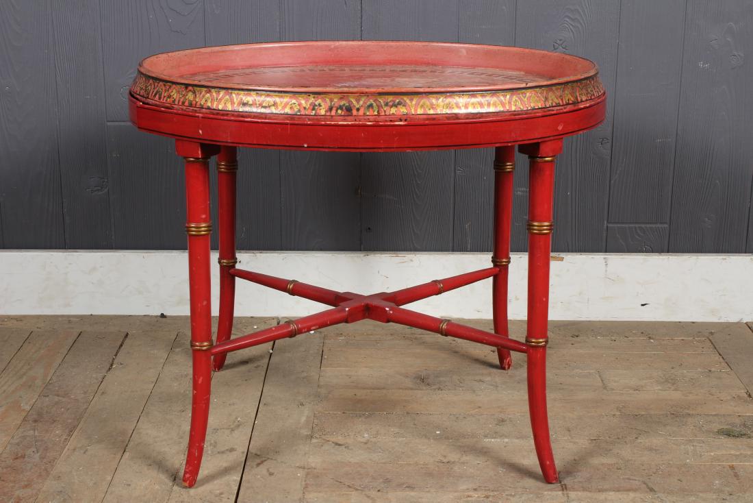 English Papier Mache Tray on Stand: English Papier Mache Tray on Stand by William S. Burton, red and gilt decoration, stamped on bottom "The Clarence Registered, WM S. Burton, 39 Oxford Street, 1, 2 & 3 Newman Street, & 3, 4 & 5 Perry's