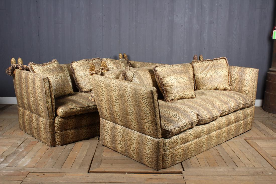 Good Pair Knole Drop Side Sofas: Good Pair Knole Drop Side Sofas with gilt finials. Size: 32.5" H x 67" W x 34" D
