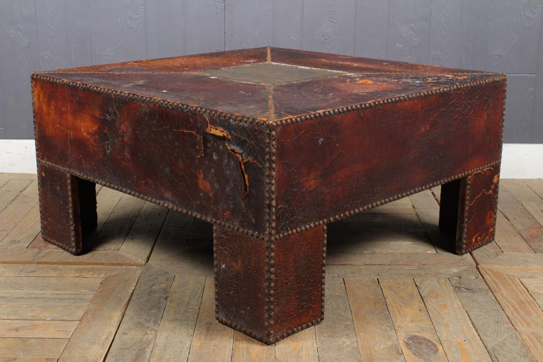 Leather and Brass Tack Trim Table: Leather and Brass Tack Trim Table. Size: 16.5" H x 31.5" W x 31.5" D
