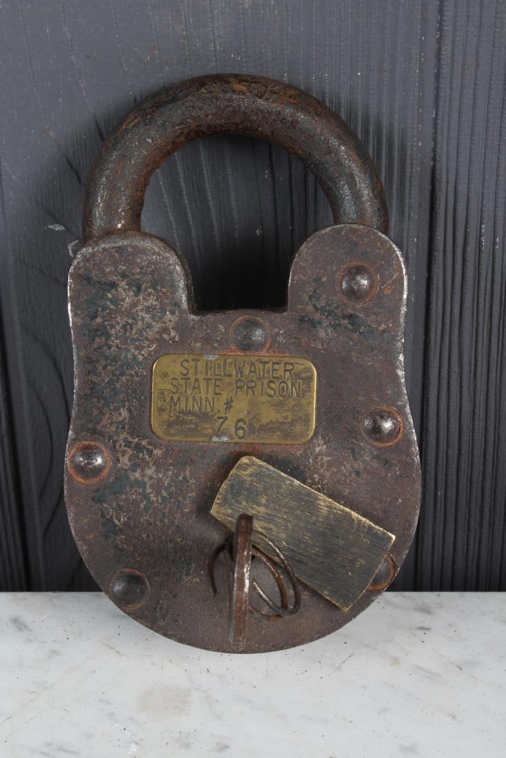 Stillwater State Prison Lock: Stillwater State Prison Lock with key, marked Stillwater State Prison Minn #76. Size: 5.5" H x 3" W x 1" D