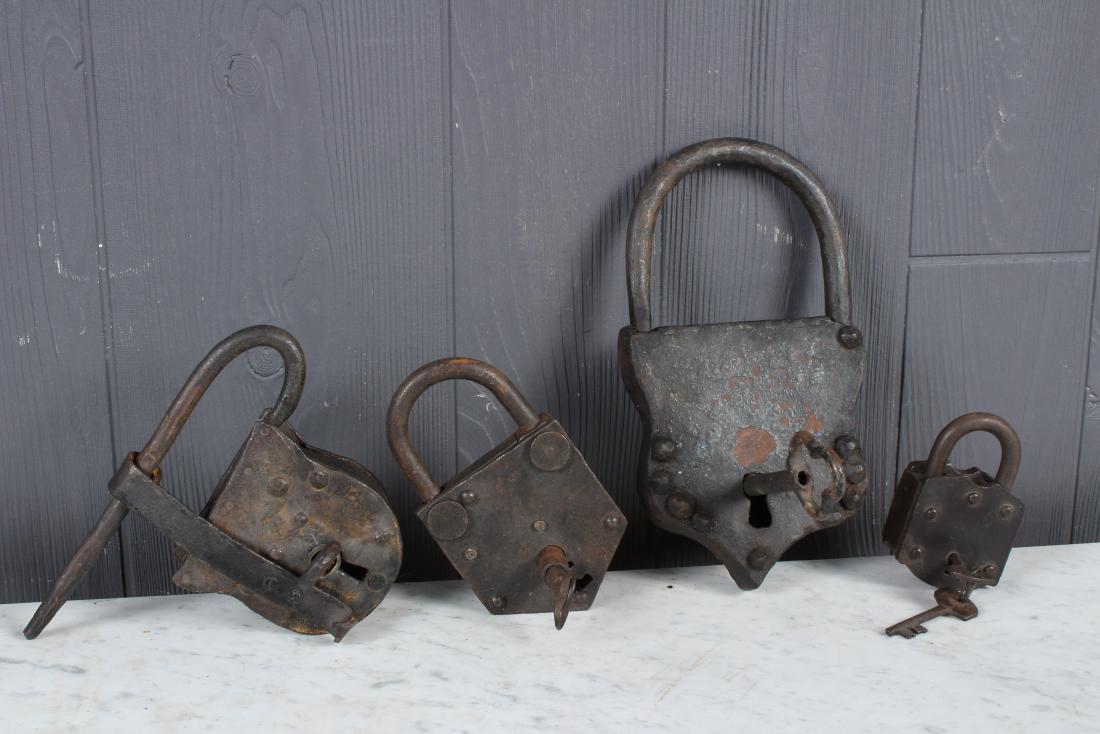 Lot 4 Early Locks Including Bar Lock: Lot 4 Early Locks Including Bar Lock with keys, one dated 1879. Size: Largest: 8.5" H x 5" W x 1" D