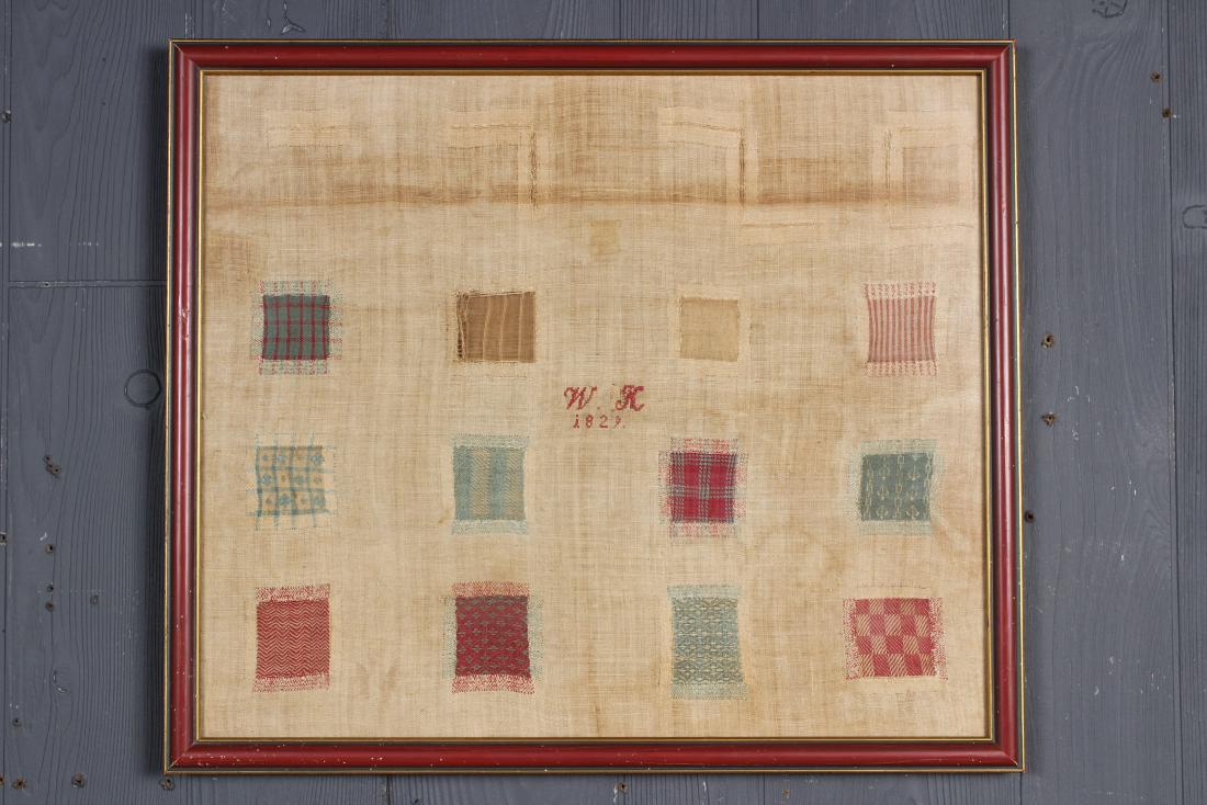 Antique Darning Sampler Dated 1829: Antique Darning Sampler Dated 1829. Initialed W.K. and dated 1829 in center of sampler. Size: Frame: 18" H x 21" W x 1" D; Sight: 16.5" H x 19.5" W