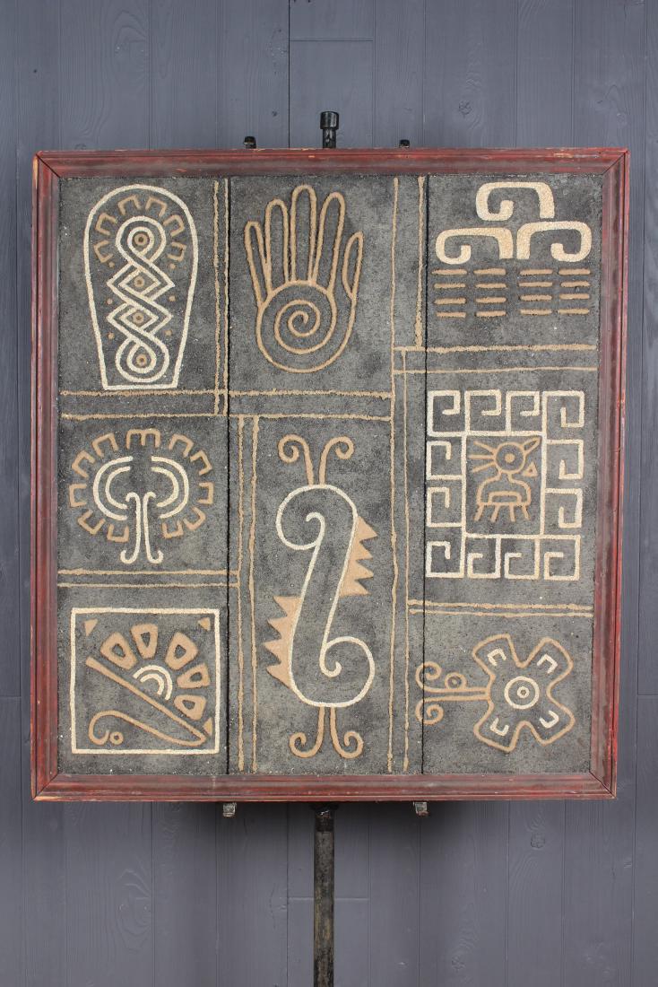 Aboriginal Motif Abstract Sand Painting: A very interesting abstract sand painting on plank board, possibly Aboriginal. Size: Framed: 38" H x 35" W x 1.5" D; Sight: 35" W x 32" W