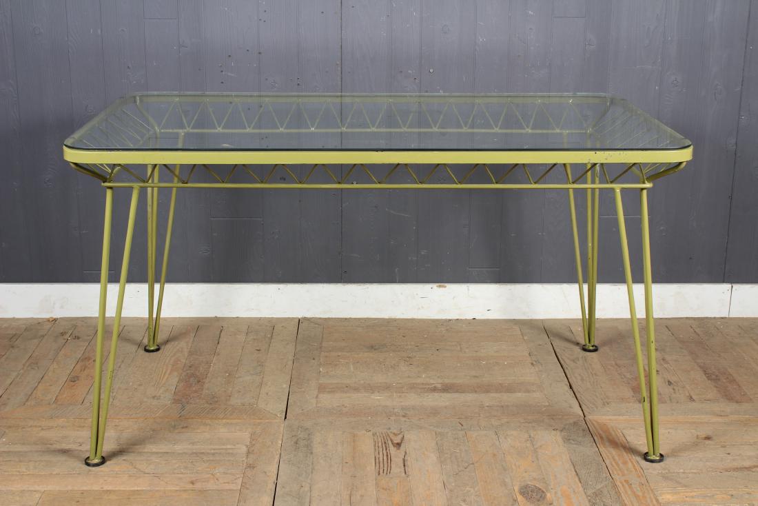 Woodland Attrib. Wrought Iron Garden Table: Woodland Attributed Wrought Iron Garden Table in the Russel Wright Style. Size: 29.5" H x 54" W x 32" D